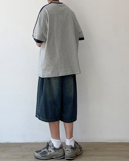 Two-Tone Sleeve Logo Print Short Sleeve T-Shirt N0757