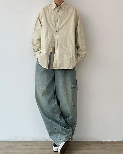 Retro Splice Long-Sleeve Casual Shirt N0630