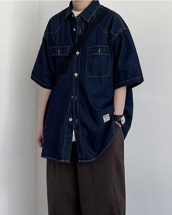 Vintage Work Dark Denim Short Sleeve Shirt N0783