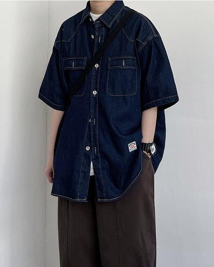 Vintage Work Dark Denim Short Sleeve Shirt N0783