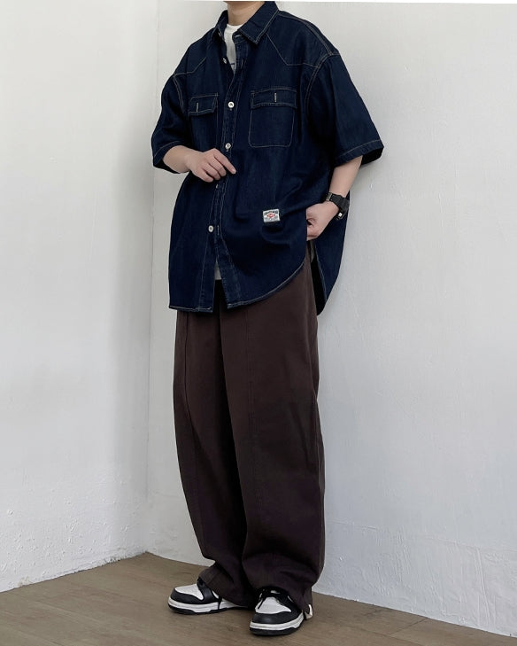 Vintage Work Dark Denim Short Sleeve Shirt N0783