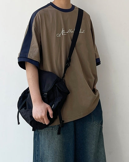 Two-Tone Sleeve Logo Print Short Sleeve T-Shirt N0757