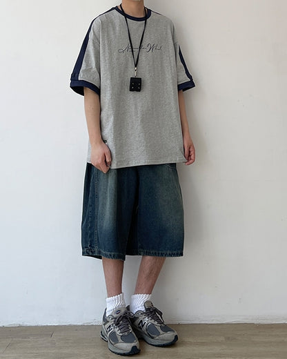 Two-Tone Sleeve Logo Print Short Sleeve T-Shirt N0757