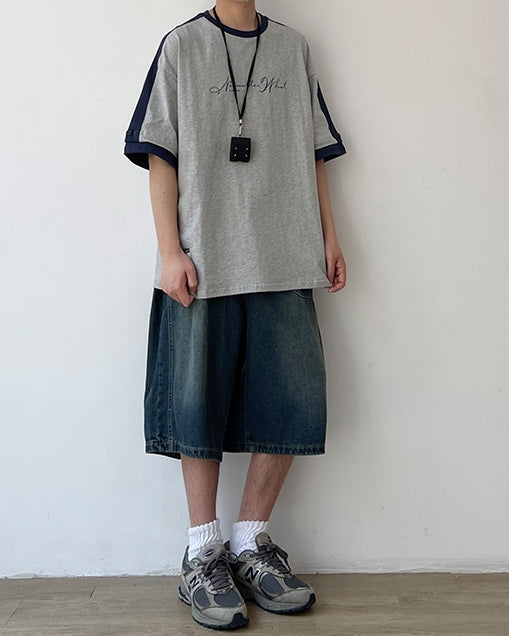 Two-Tone Sleeve Logo Print Short Sleeve T-Shirt N0757