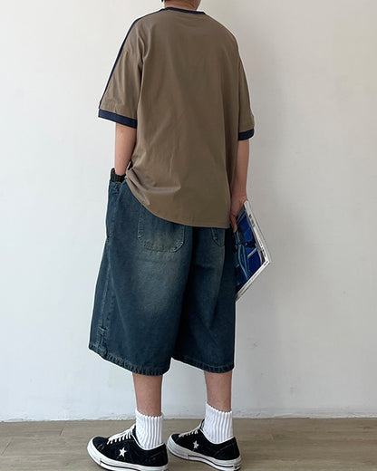 Two-Tone Sleeve Logo Print Short Sleeve T-Shirt N0757