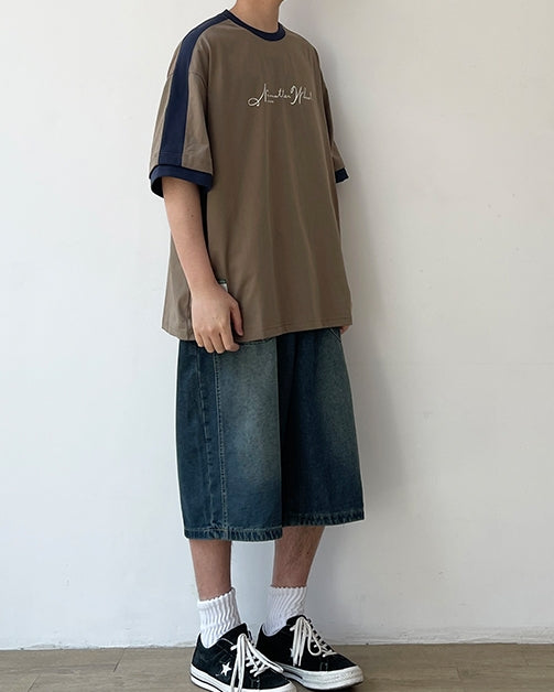 Two-Tone Sleeve Logo Print Short Sleeve T-Shirt N0757