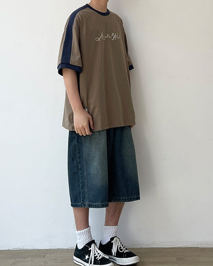 Two-Tone Sleeve Logo Print Short Sleeve T-Shirt N0757