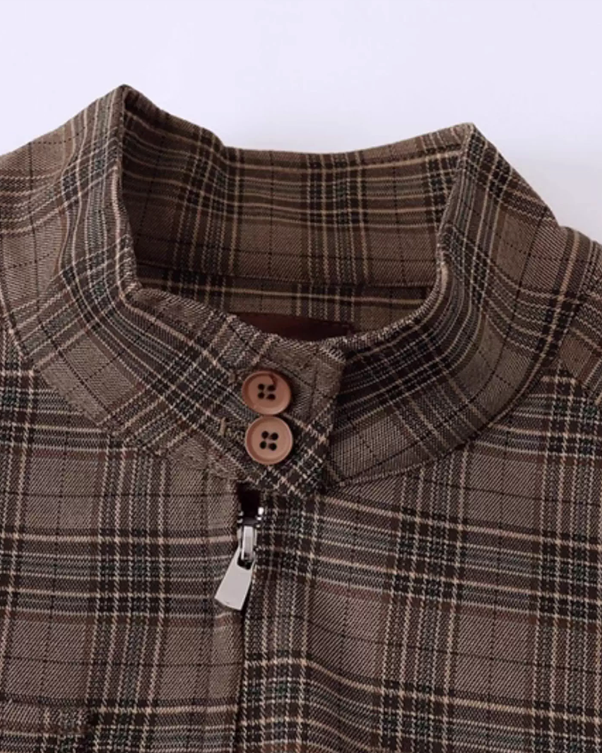 Brown Check Band Collar Blouson N0901