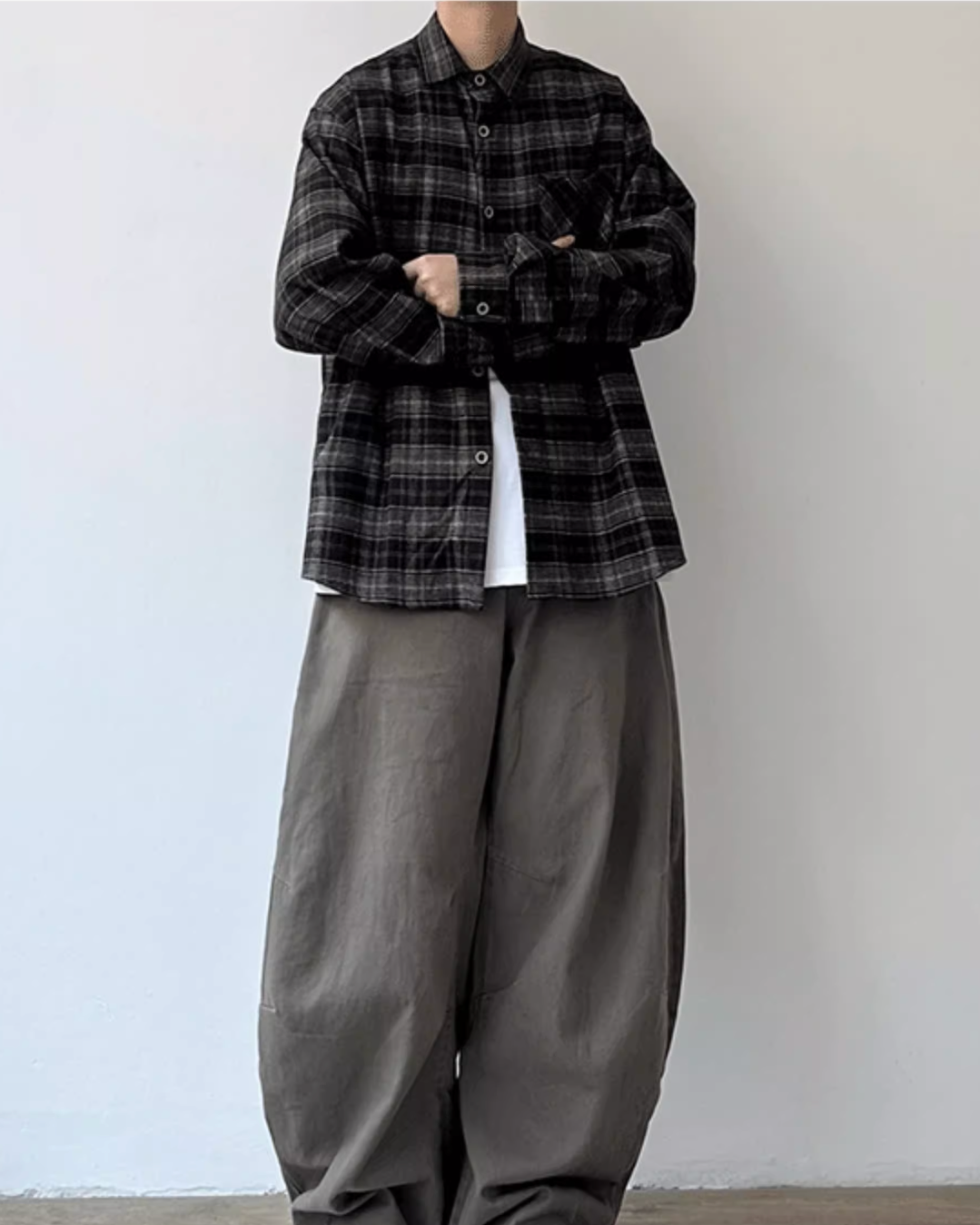 Dark Check Oversized Long Sleeve Shirt N0919