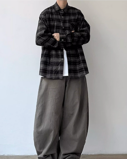 Dark Check Oversized Long Sleeve Shirt N0919