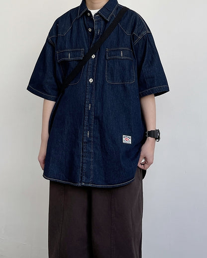 Vintage Work Dark Denim Short Sleeve Shirt N0783