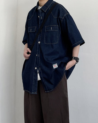 Vintage Work Dark Denim Short Sleeve Shirt N0783