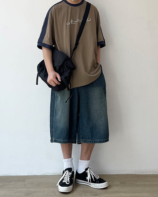 Two-Tone Sleeve Logo Print Short Sleeve T-Shirt N0757