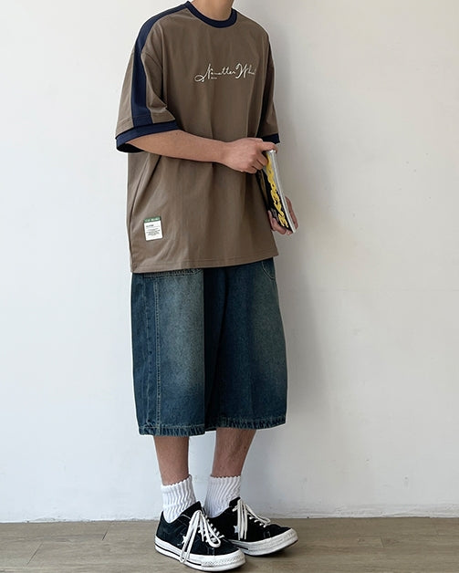 Two-Tone Sleeve Logo Print Short Sleeve T-Shirt N0757