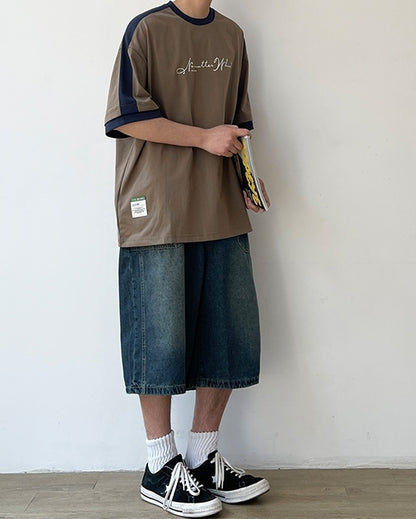 Two-Tone Sleeve Logo Print Short Sleeve T-Shirt N0757