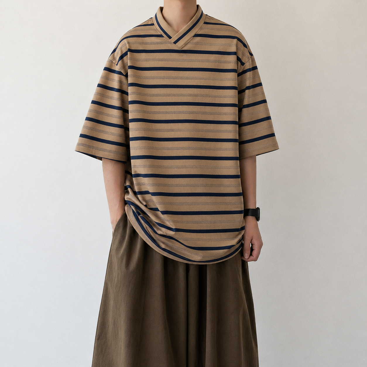 Border V-Neck Half Sleeve Top N1085