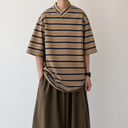 Border V-Neck Half Sleeve Top N1085