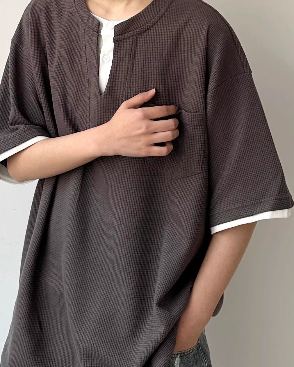 Waffle Layered Henley Short Sleeve T-Shirt N0803