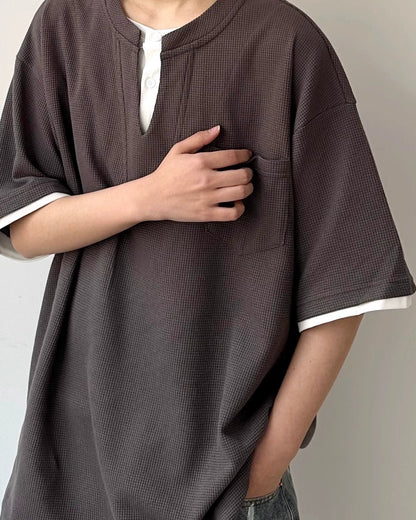 Waffle Layered Henley Short Sleeve T-Shirt N0803