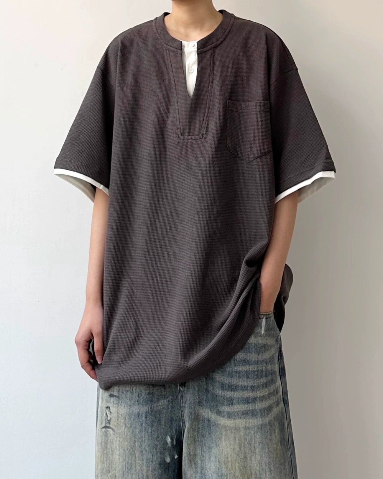 Waffle Layered Henley Short Sleeve T-Shirt N0803