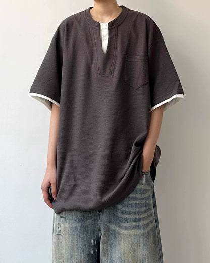 Waffle Layered Henley Short Sleeve T-Shirt N0803