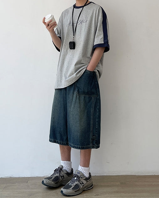 Two-Tone Sleeve Logo Print Short Sleeve T-Shirt N0757