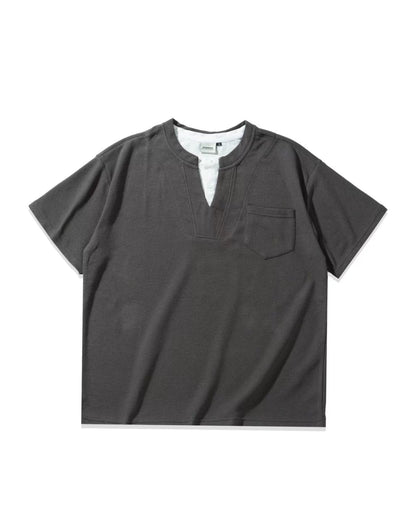Waffle Layered Henley Short Sleeve T-Shirt N0803