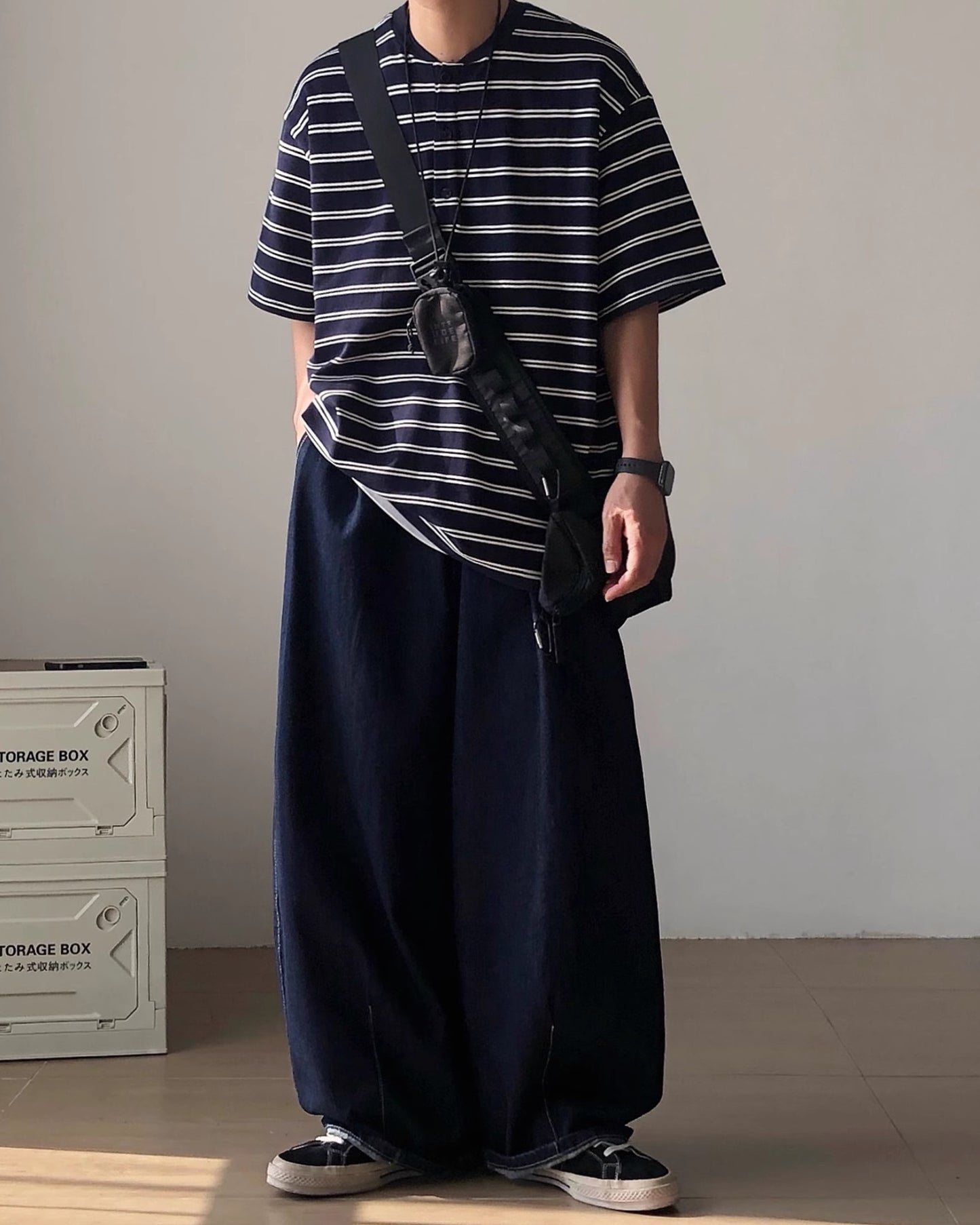 Henley Collar Striped Thick Short Sleeve T-shirt N0834