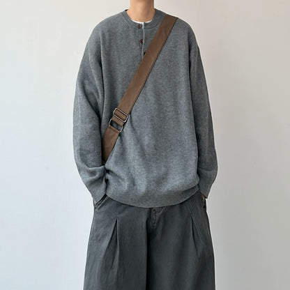 Relaxed Silhouette Henley Neck Long Sleeve sweater N1024