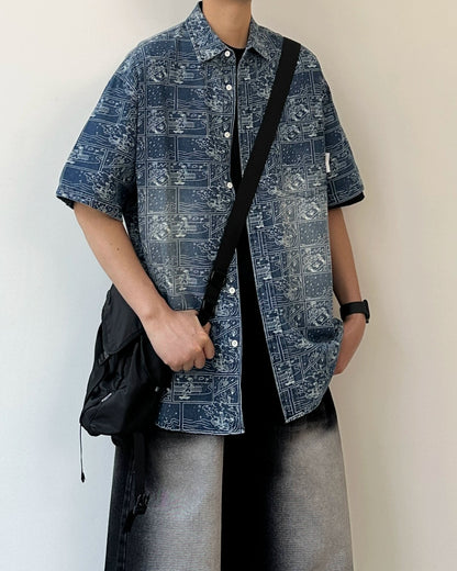 Graphic Tile Print Short Sleeve Shirt N0810