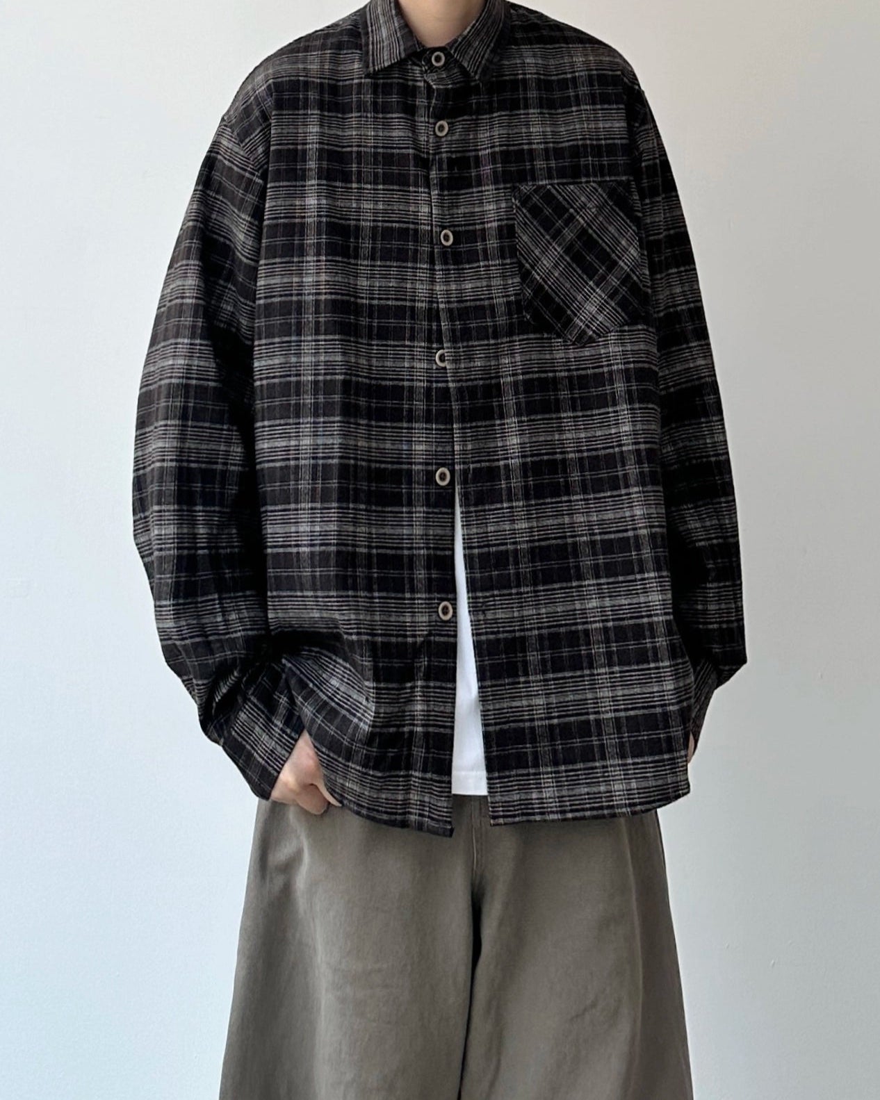 Dark Check Oversized Long Sleeve Shirt N0919