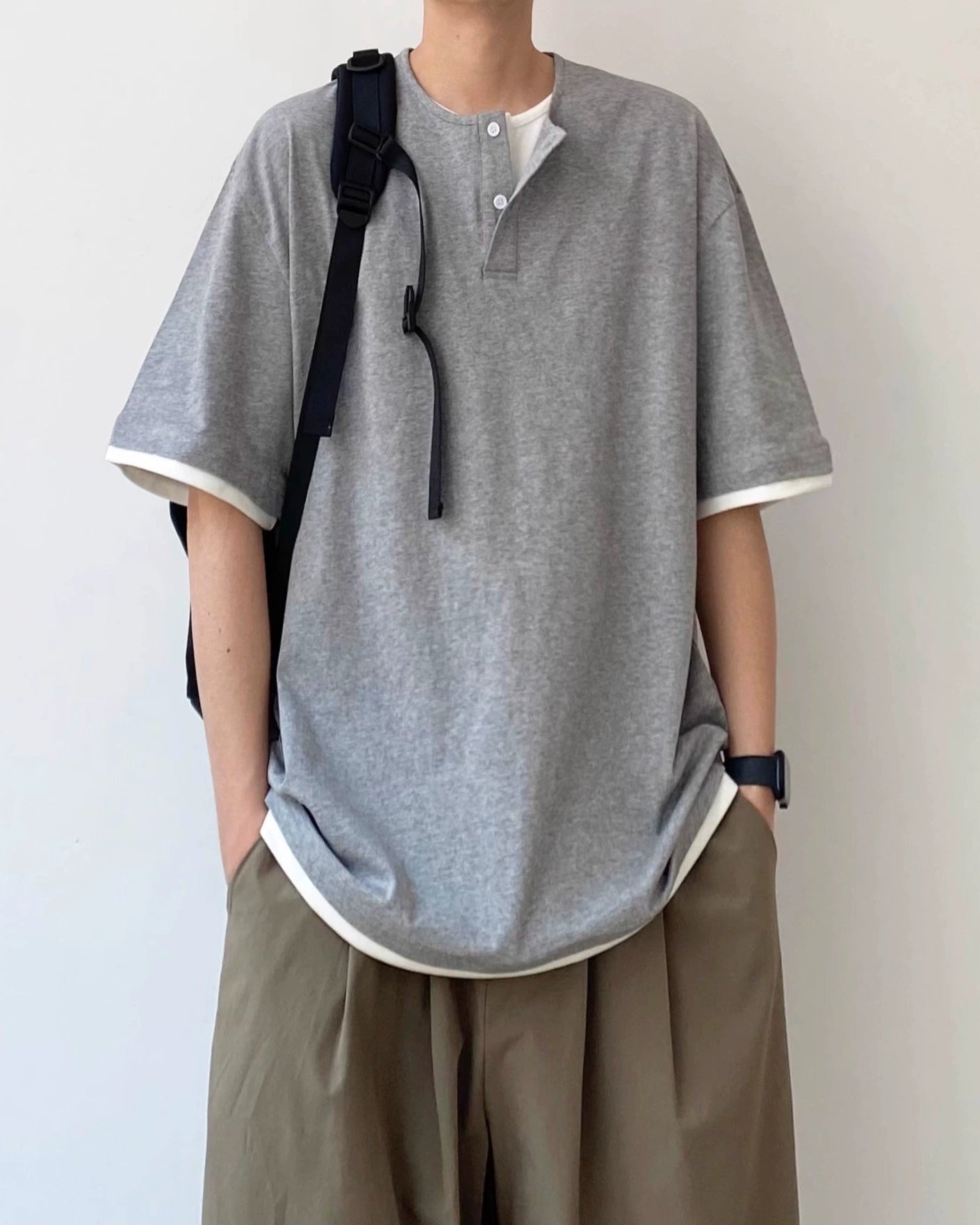 Layered Henley Short Sleeve T-Shirt N0792