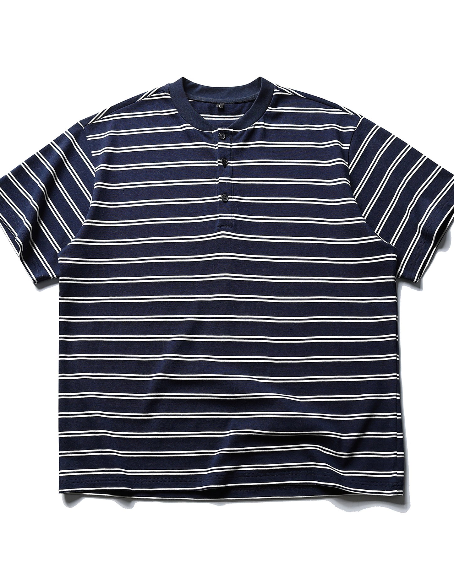 Henley Collar Striped Thick Short Sleeve T-shirt N0834