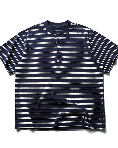 Henley Collar Striped Thick Short Sleeve T-shirt N0834