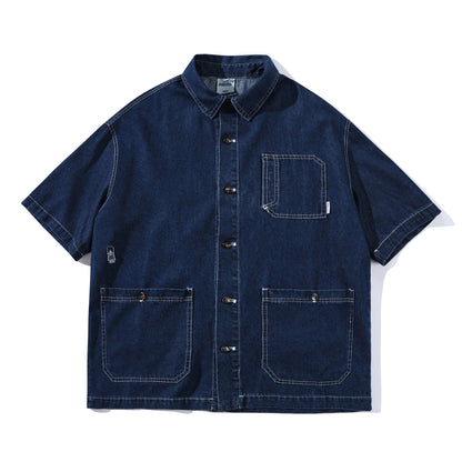 【OUTLET/即納】Denim Contrast Stitch Short Sleeve Shirt N1095