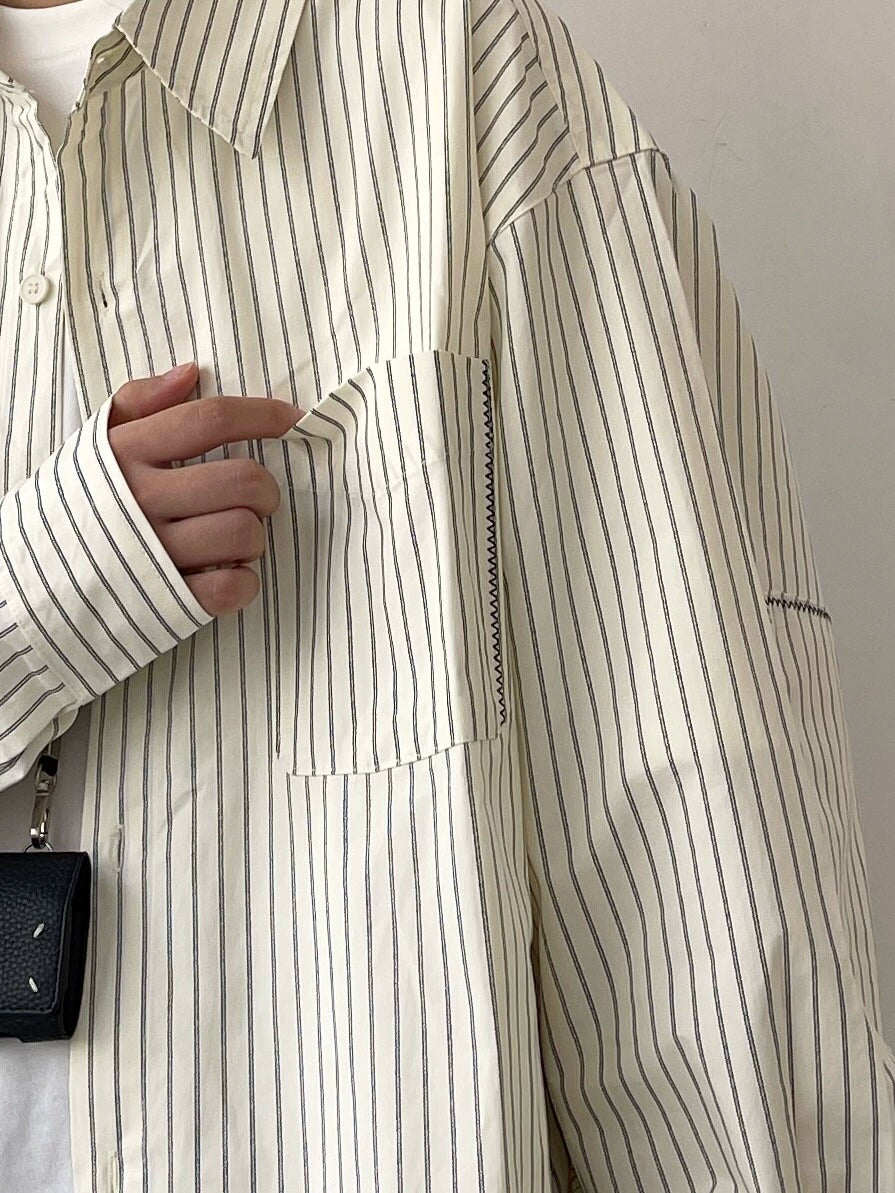 Stripe Design Oversize Long Sleeve Shirt N0639