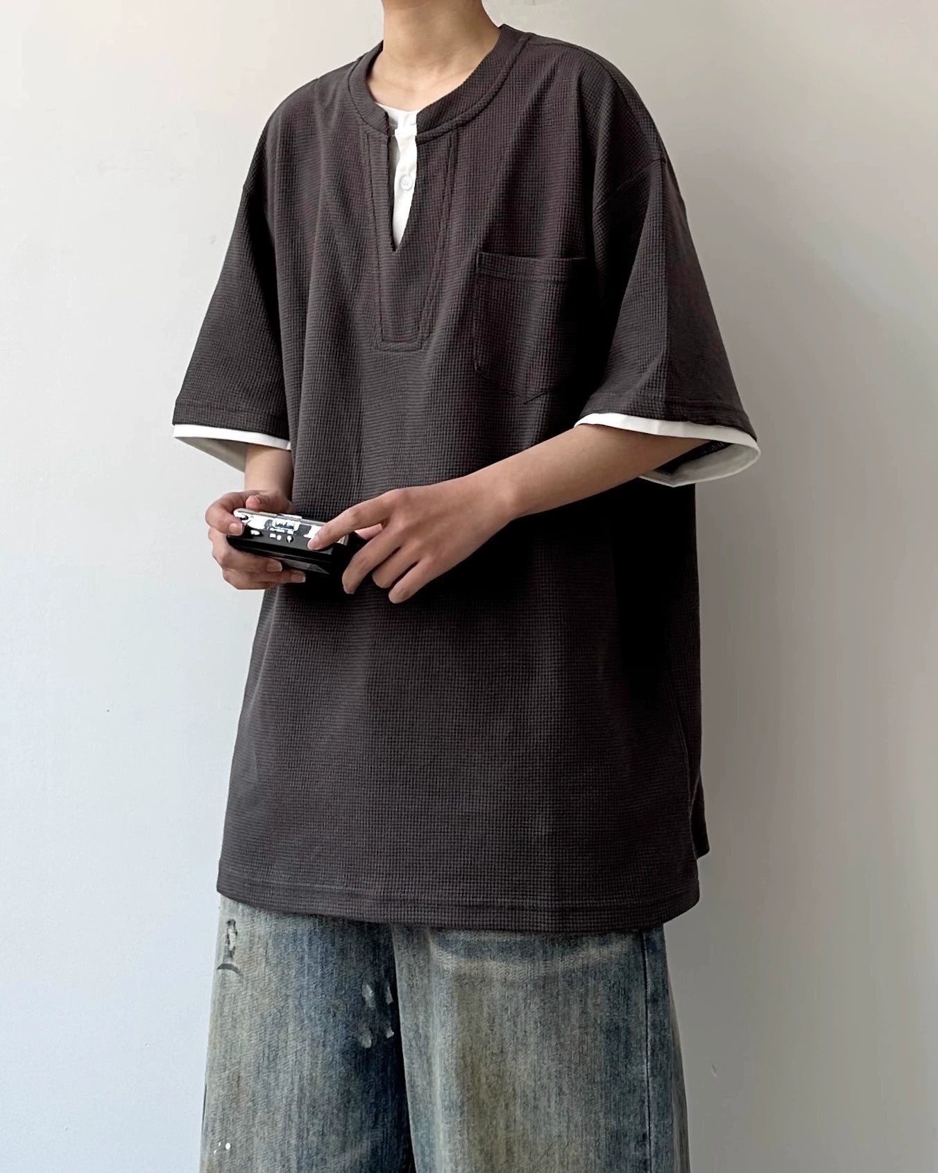 Waffle Layered Henley Short Sleeve T-Shirt N0803