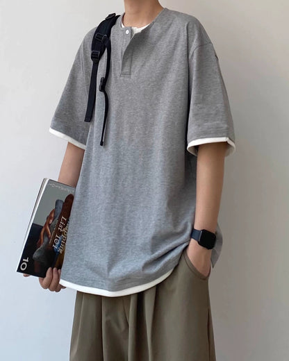 Layered Henley Short Sleeve T-Shirt N0792
