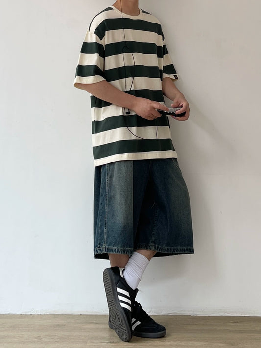Wide Stripe Casual Short Sleeve T-Shirt N0737