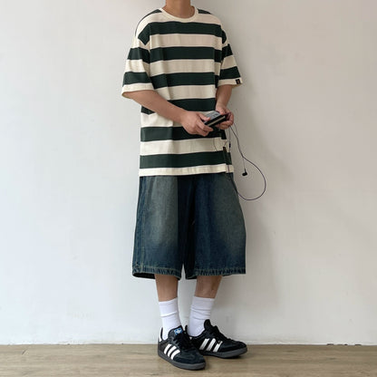 Wide Stripe Casual Short Sleeve T-Shirt N0737