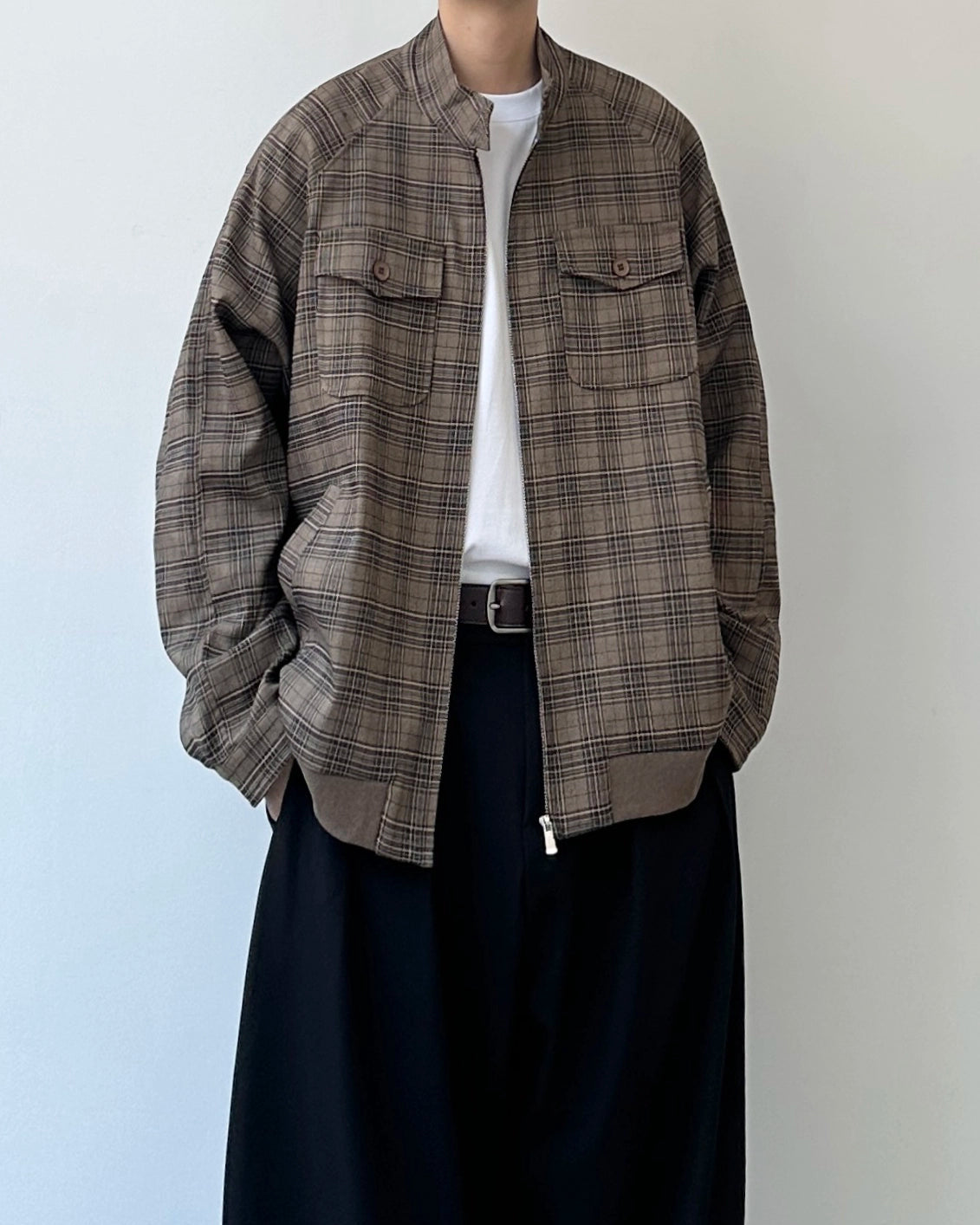 Brown Check Band Collar Blouson N0901