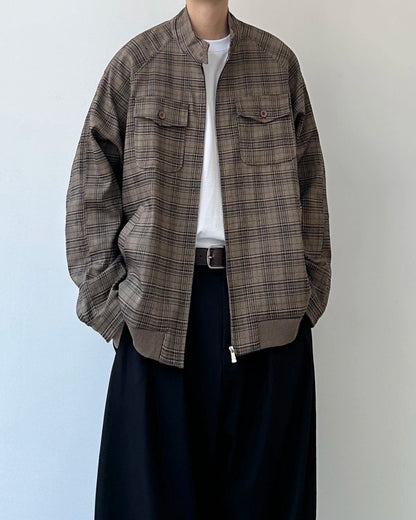 Brown Check Band Collar Blouson N0901
