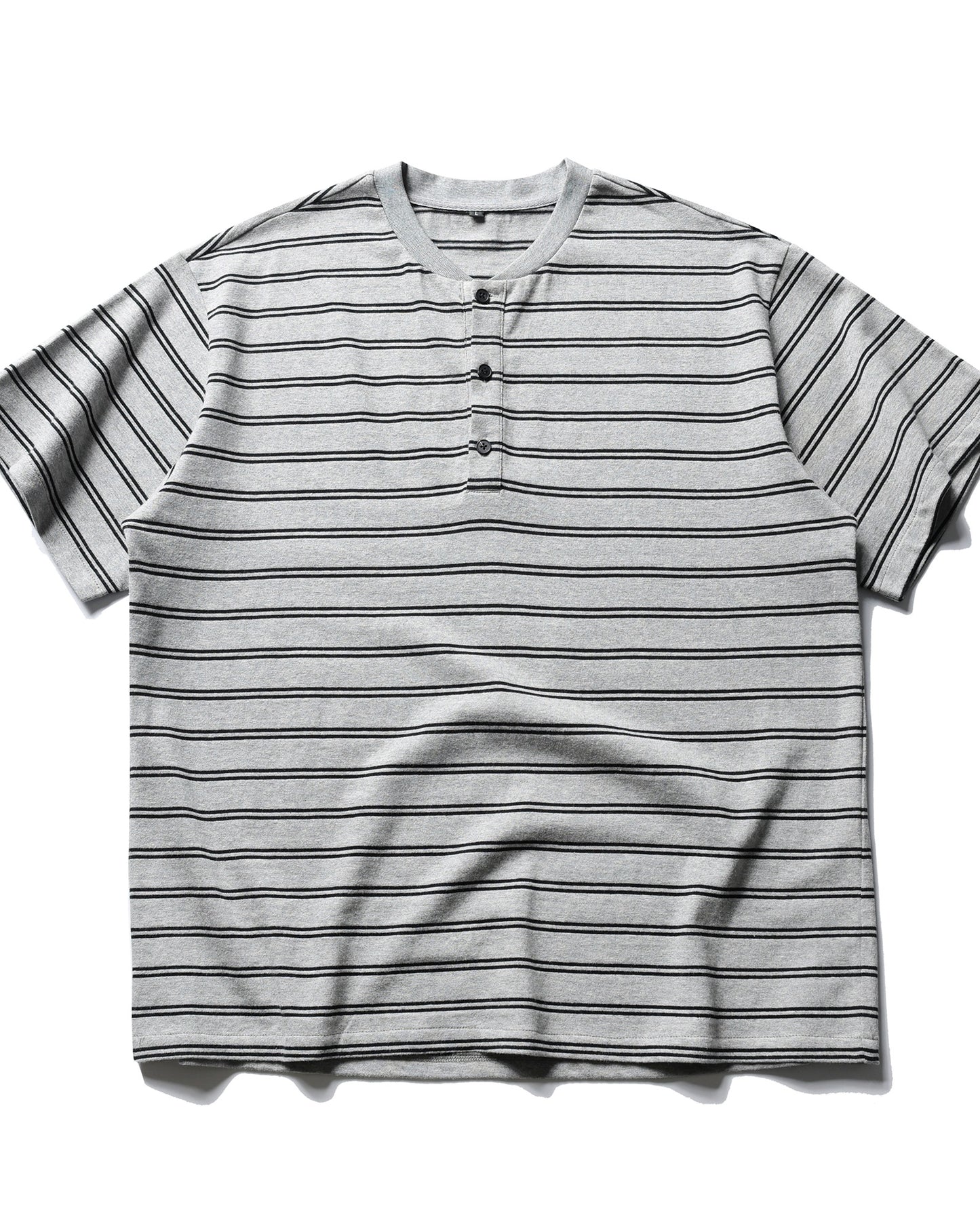 Henley Collar Striped Thick Short Sleeve T-shirt N0834