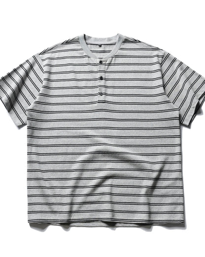 Henley Collar Striped Thick Short Sleeve T-shirt N0834