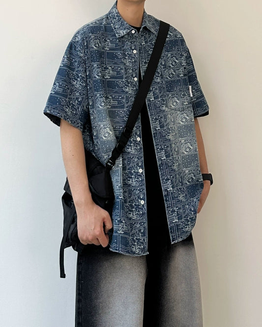 Graphic Tile Print Short Sleeve Shirt N0810