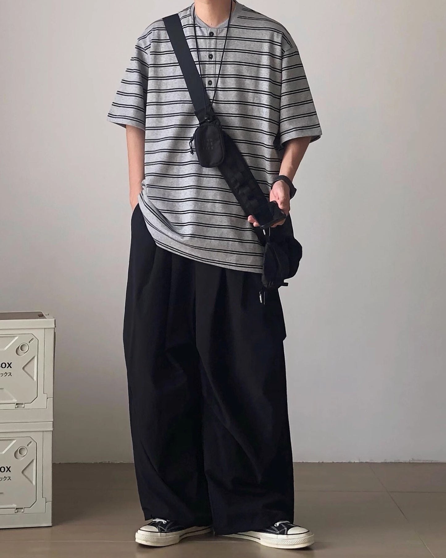 Henley Collar Striped Thick Short Sleeve T-shirt N0834