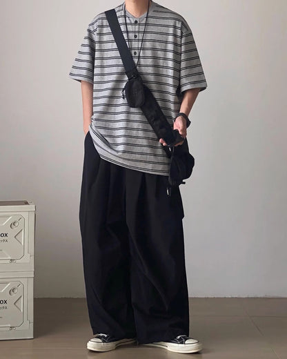 Henley Collar Striped Thick Short Sleeve T-shirt N0834