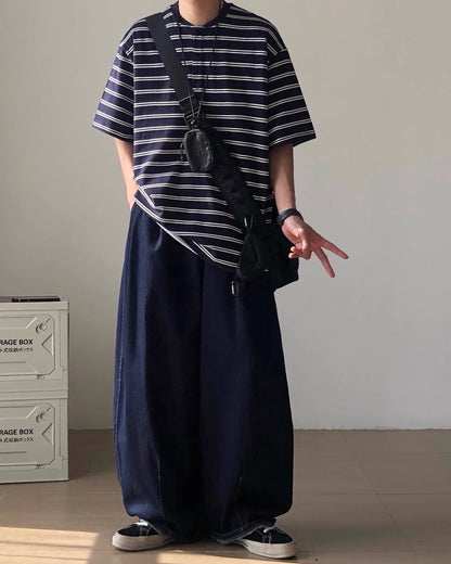 Henley Collar Striped Thick Short Sleeve T-shirt N0834