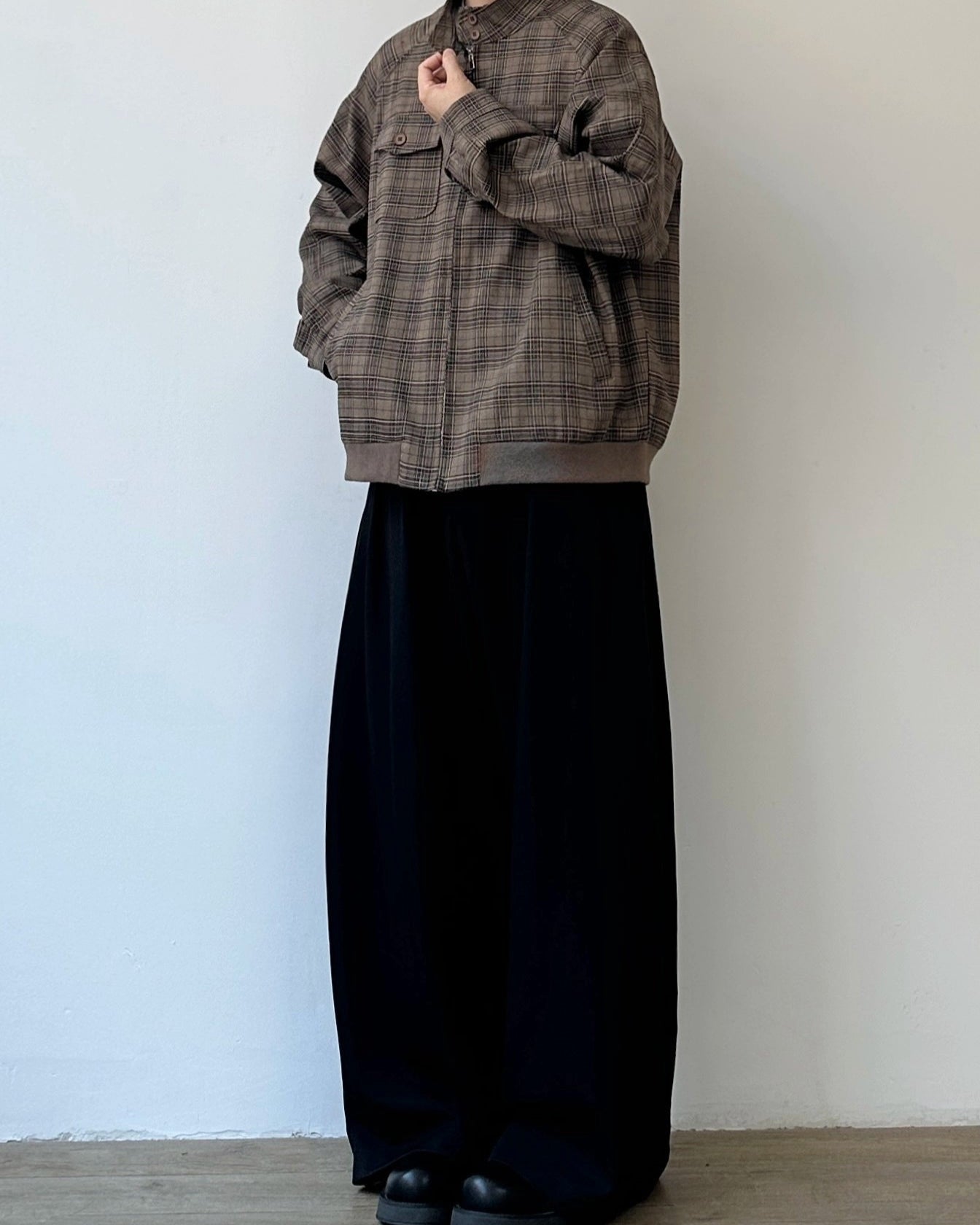 Brown Check Band Collar Blouson N0901