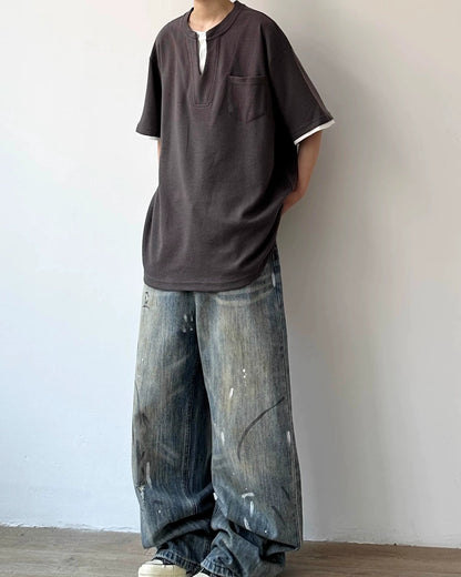 Waffle Layered Henley Short Sleeve T-Shirt N0803